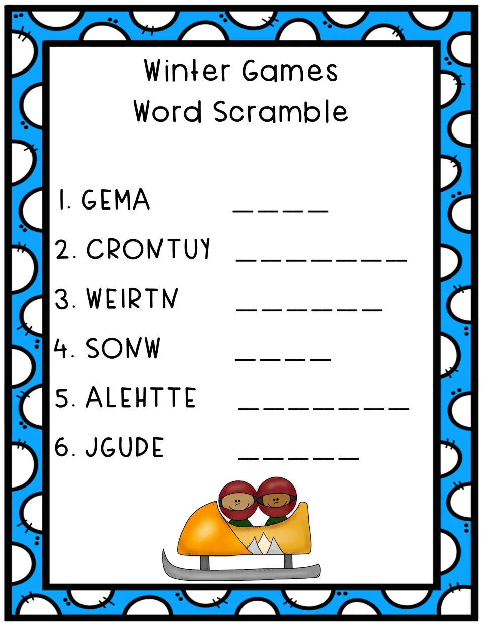 Second unscramble set: students rewrite GEMA, CRONTUY, WEIRTN, SONW, ALEHTTE and JGUDE as correctly spelled words