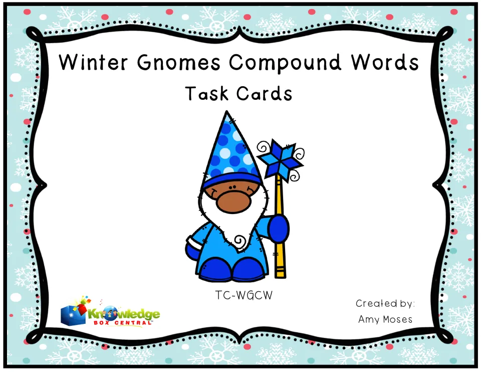 Cover for Winter Gnomes Compound Words Task Cards showing a blue gnome holding a snowflake wand, by Amy Moses