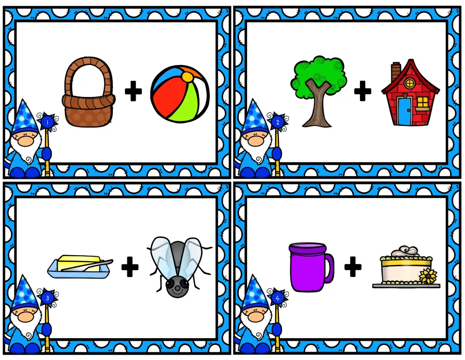 Compound word cards 1-4: students join two pictures, such as basket + ball and tree + house, to form a single word