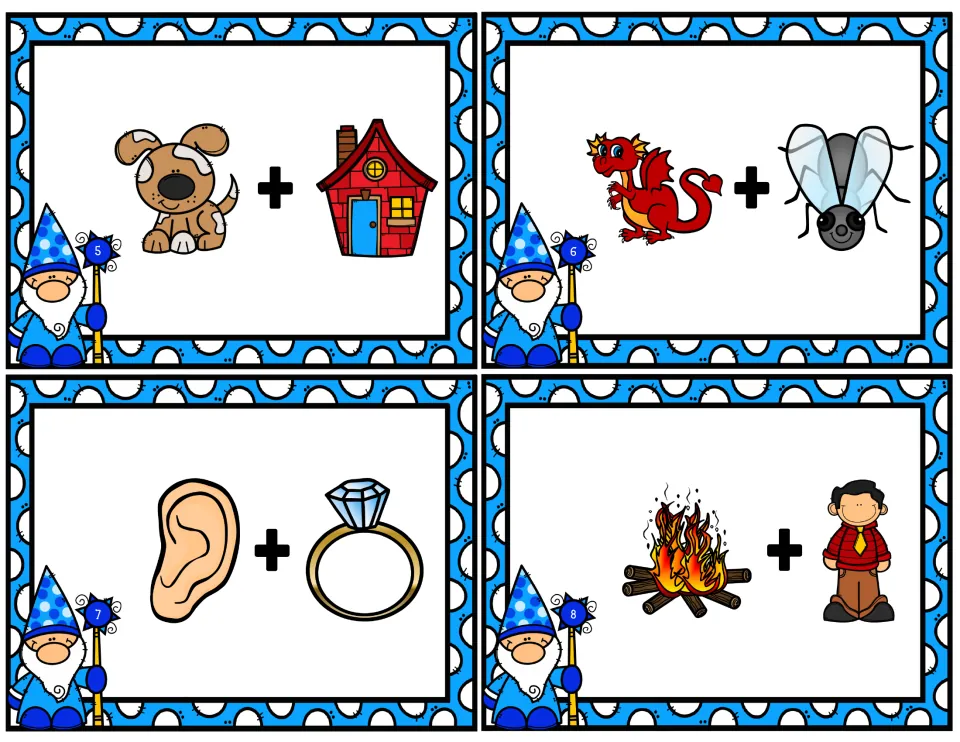 Compound word cards 5-8 where students add dog + house, dragon + fly, ear + ring and fire + man to make new words