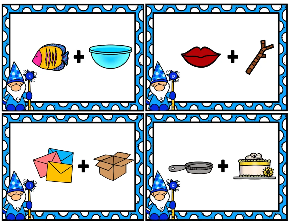 Compound word cards 9-12 where students combine picture pairs: fish + bowl, lips + stick, mail + box and pan + cake