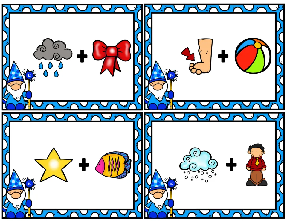 Compound word cards 13-16 for students to solve: rain + bow, foot + ball, star + fish and snow + man