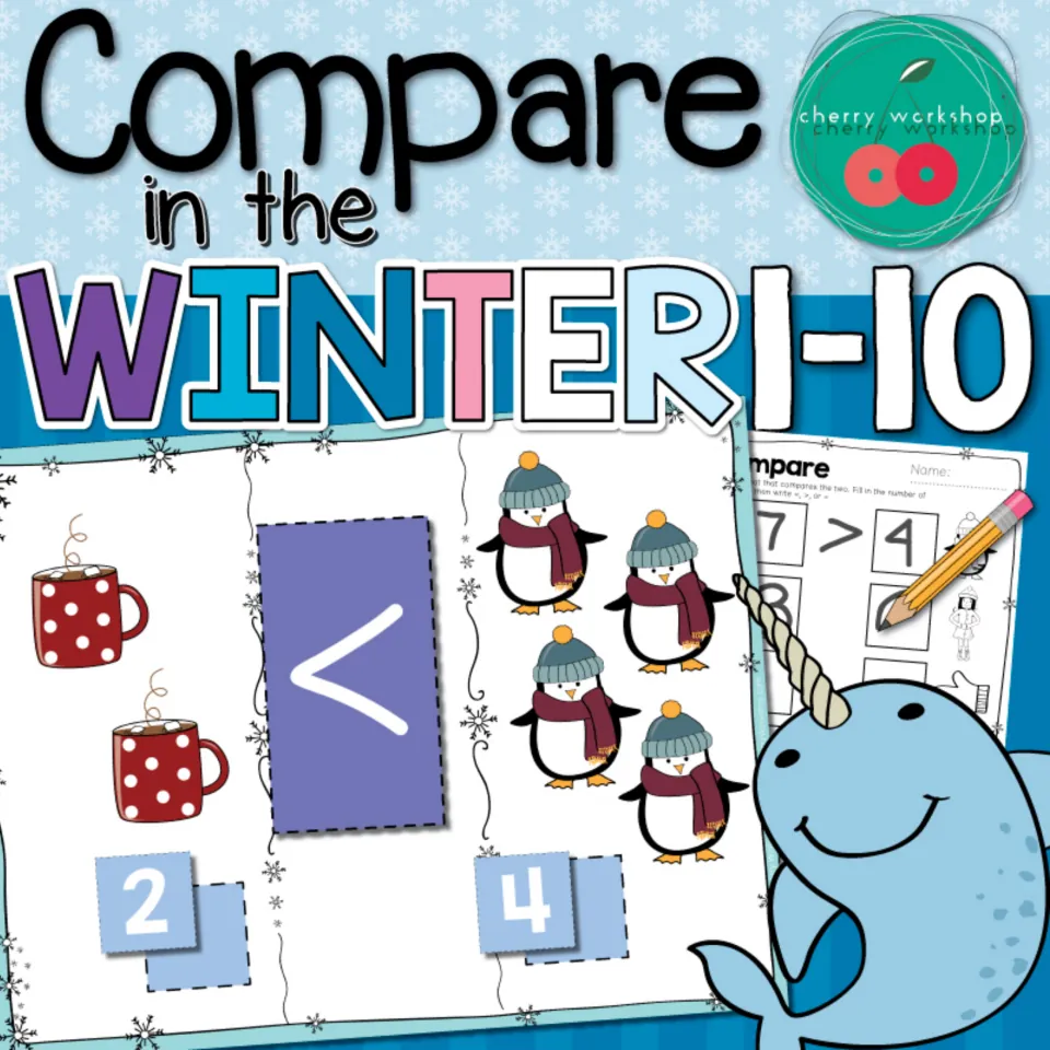 Compare in the Winter 1-10 cover: picture cards with 2 cocoa mugs < 4 penguins, number cards and a compare worksheet