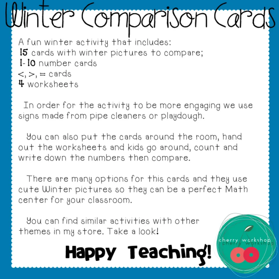 Winter Comparison Cards overview: lists 15 picture cards, 1-10 number cards, <, >, = sign cards and 4 worksheets