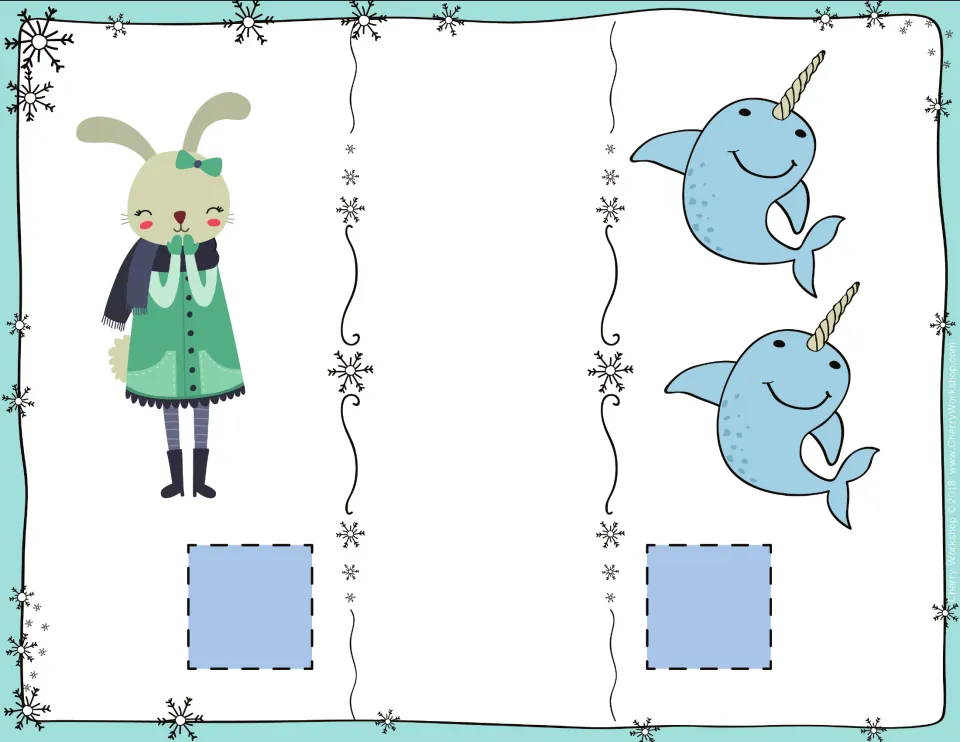Comparing numbers card: students count 1 bunny in a coat and 2 narwhals, add number cards and place a sign between them