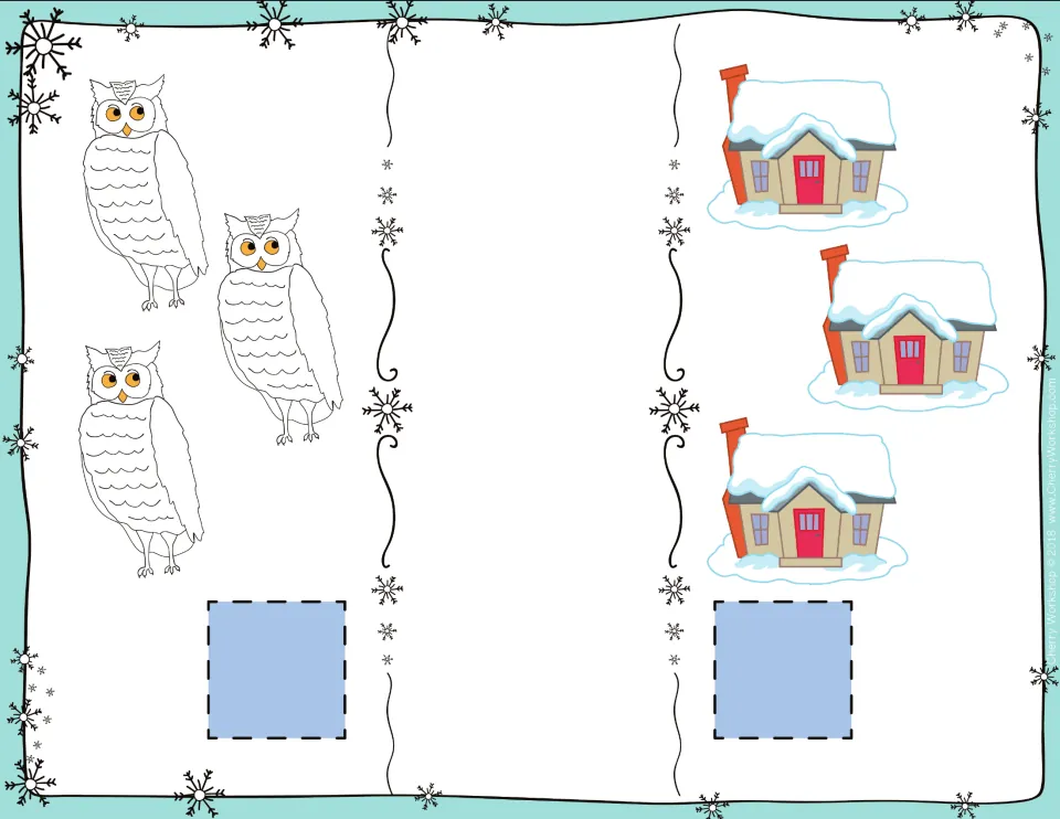 Equal sets card: students count 3 snowy owls and 3 snow-covered houses, then place number cards and the = sign