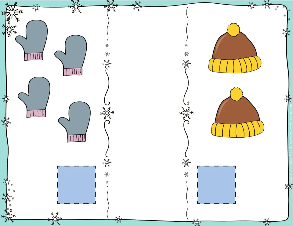 Winter clothing comparison card: students count 4 mittens and 2 knit hats, match number cards and choose > or <