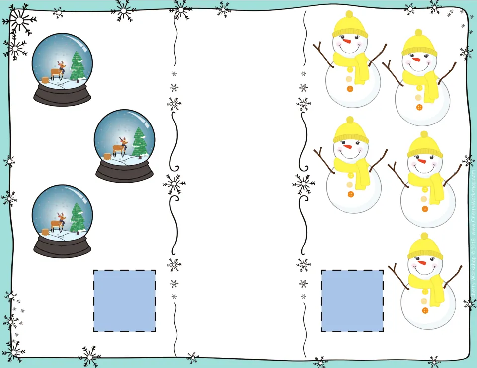 Comparing sets card: students count 3 snow globes and 5 snowmen in yellow hats, then show which group has fewer