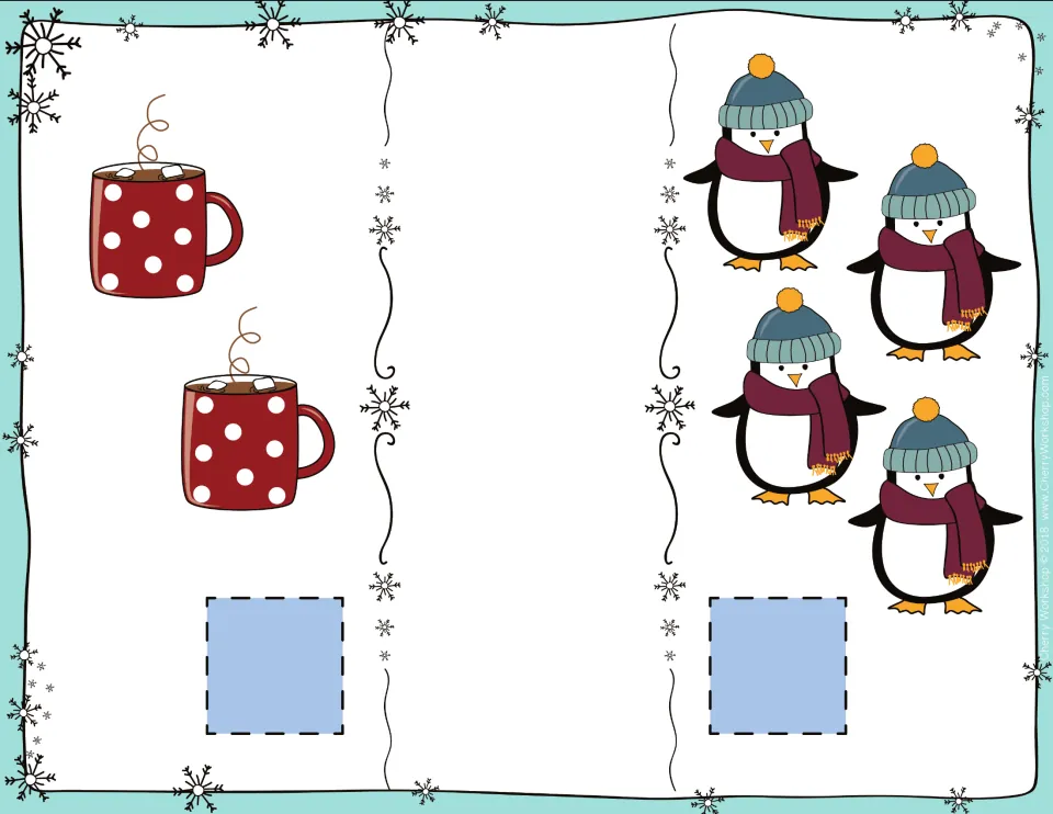 Hot cocoa and penguins card: students count 2 polka-dot mugs and 4 penguins in hats and compare them with a sign