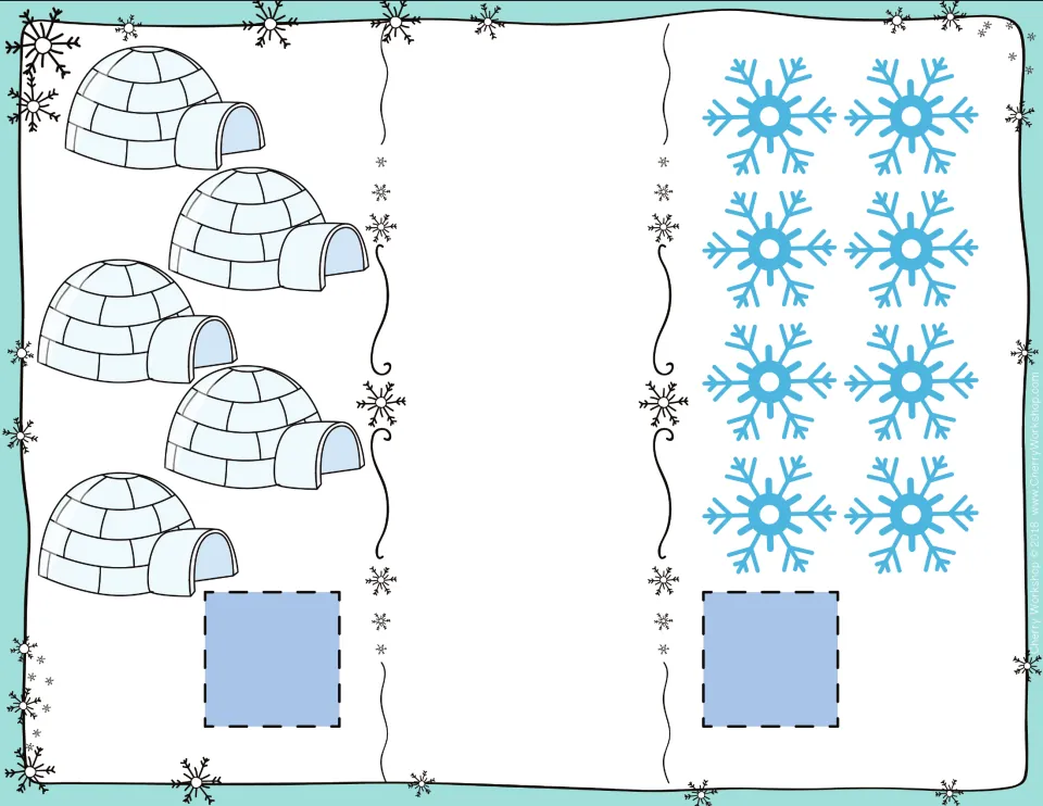 Igloos and snowflakes card: students count 5 igloos and 8 blue snowflakes, add number cards and compare the two sets