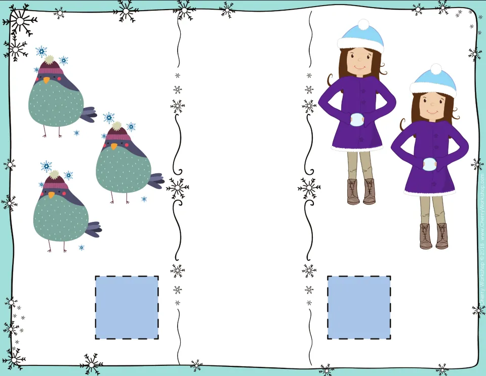 Birds and girls card: students count 3 birds in knit hats and 2 girls in purple coats, then decide which is greater
