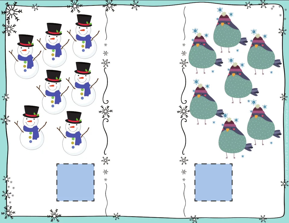 Larger sets card: students count 7 snowmen in top hats and 7 winter birds, then show the groups are equal with =