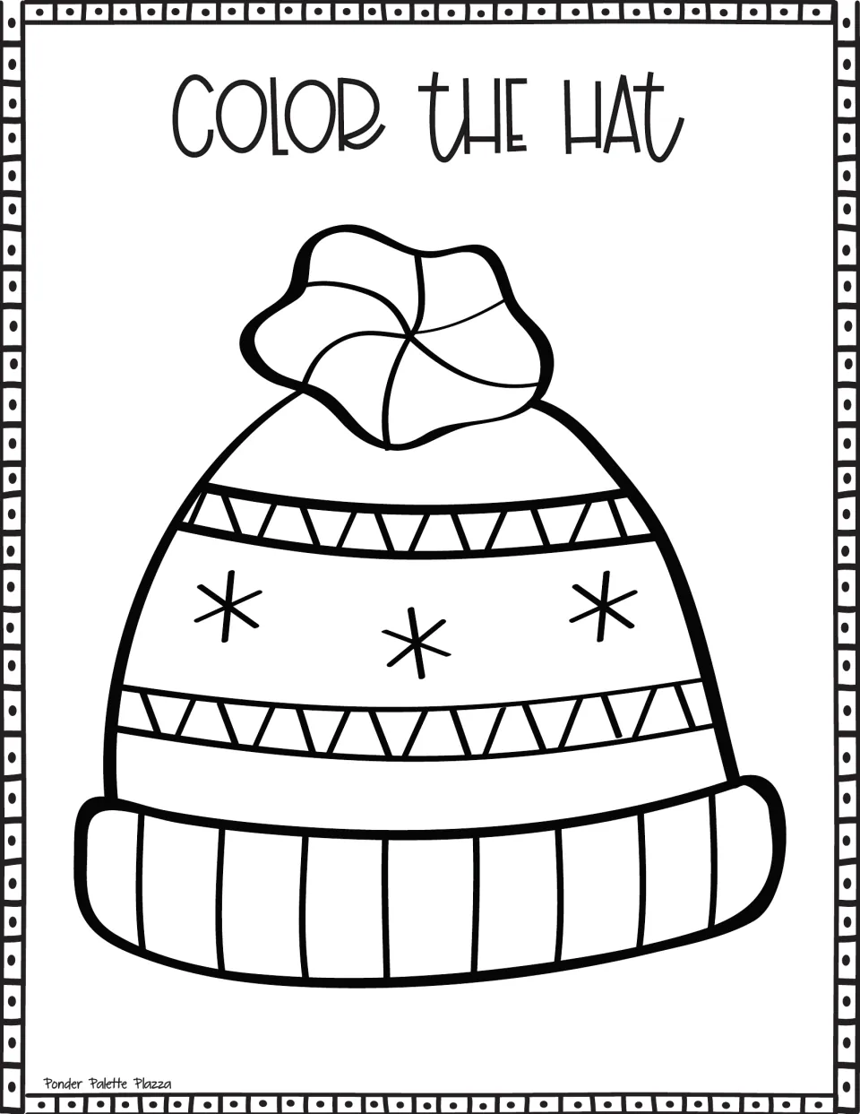 Color the Hat: students color a winter beanie with a swirled pom-pom, triangle bands, three snowflakes and a ribbed cuff