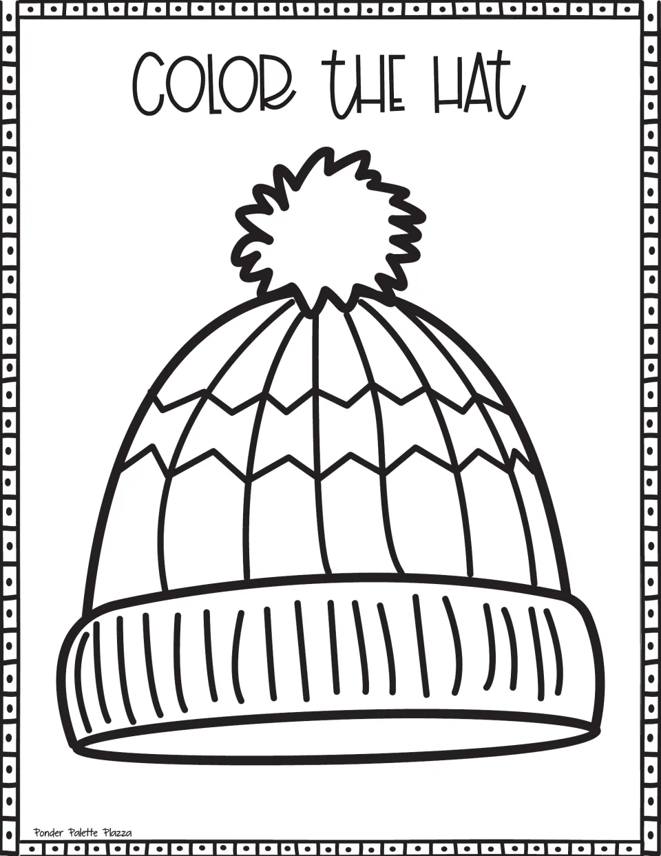 Color the Hat: students color a knit hat with a spiky pom-pom, two zigzag rows across vertical ribs and a striped brim