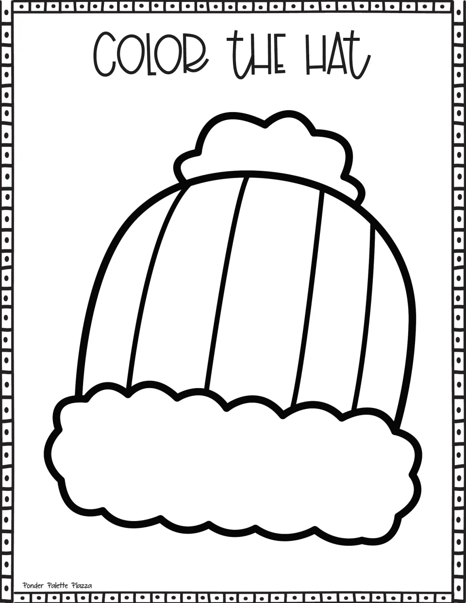 Color the Hat: a simple hat outline with a fluffy pom-pom, wide curved stripes and a puffy cloud-shaped trim to color in