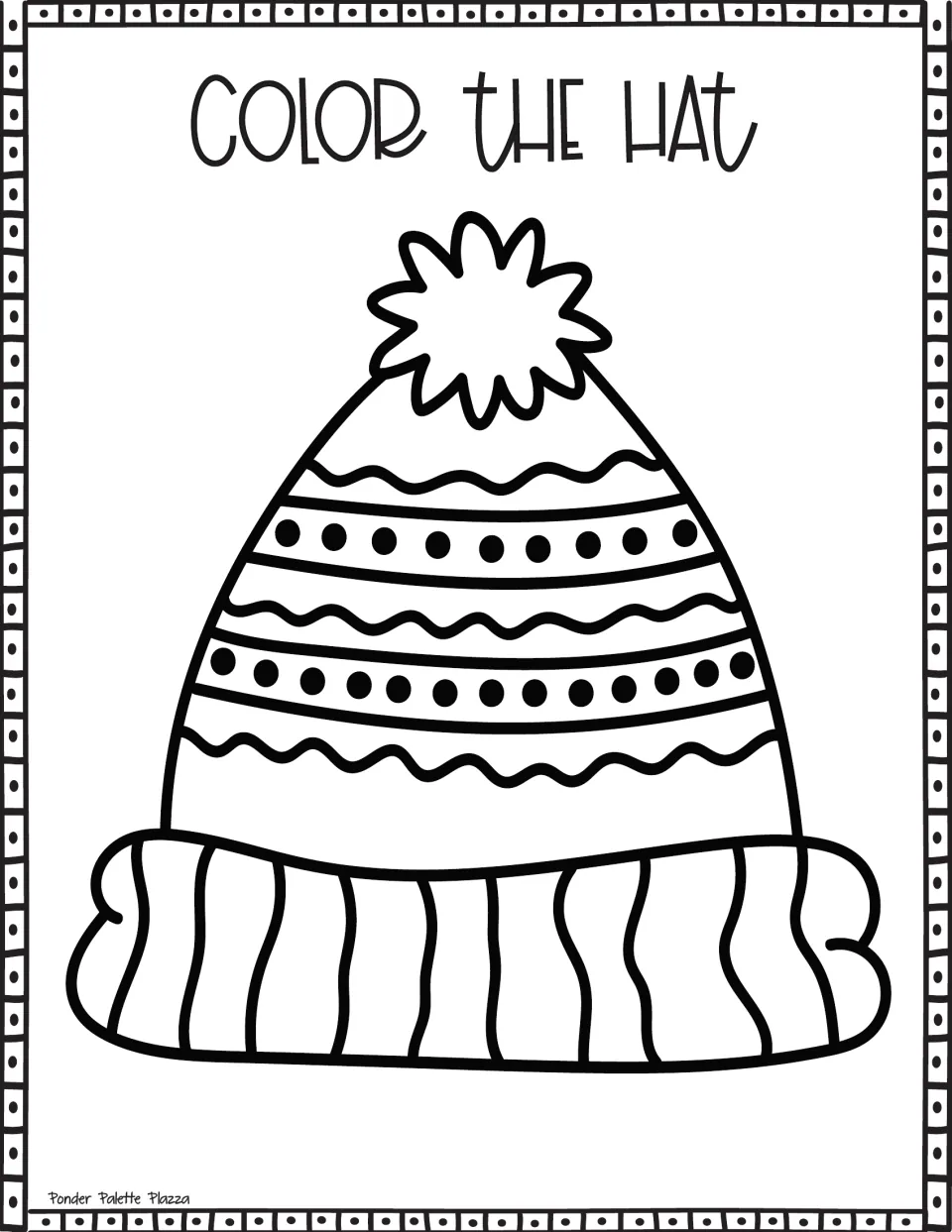 Color the Hat: students color a tall pointed hat with a star-shaped pom-pom, wavy lines, rows of dots and a wavy cuff