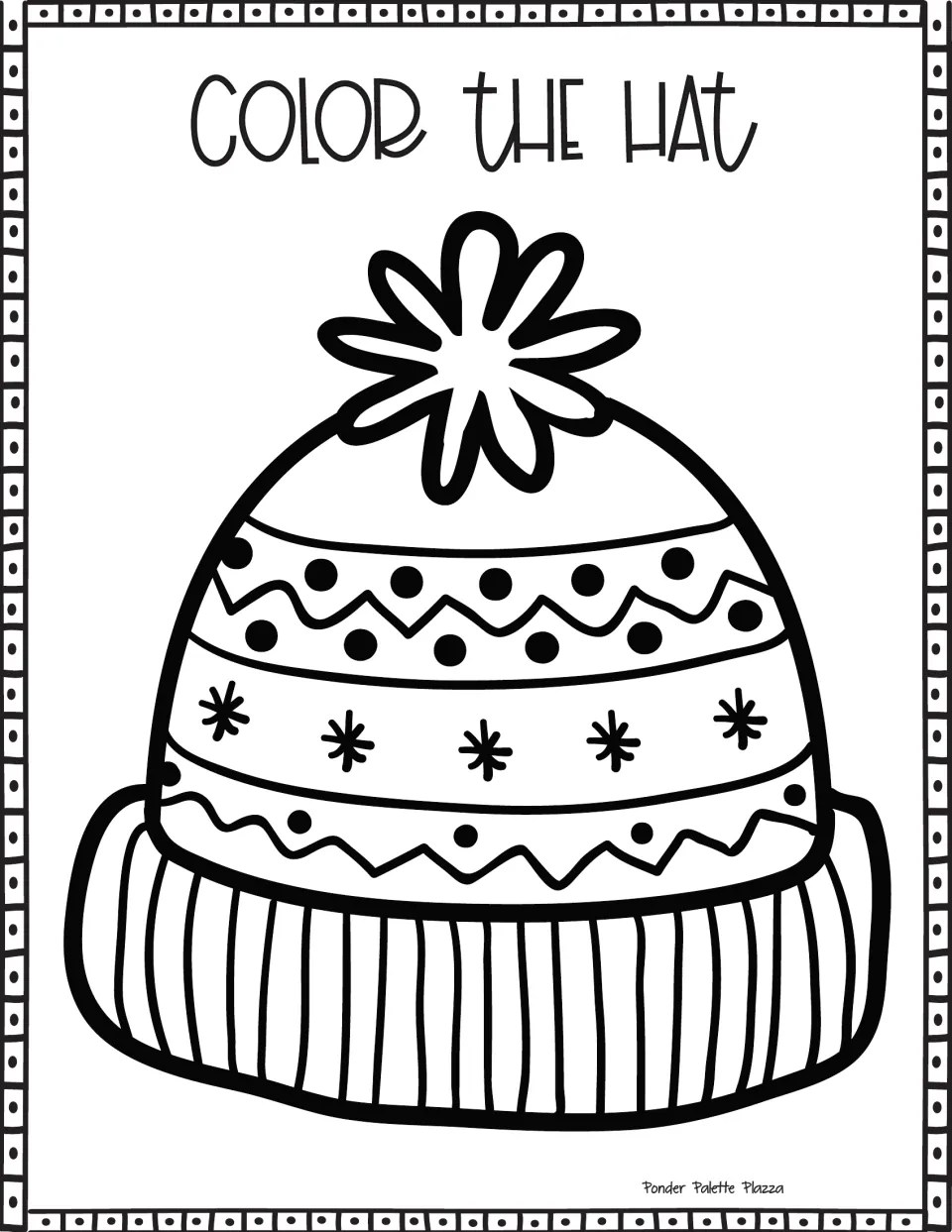 Color the Hat: a beanie with a flower-shaped pom-pom, zigzag and polka-dot bands, a snowflake row and a ribbed cuff