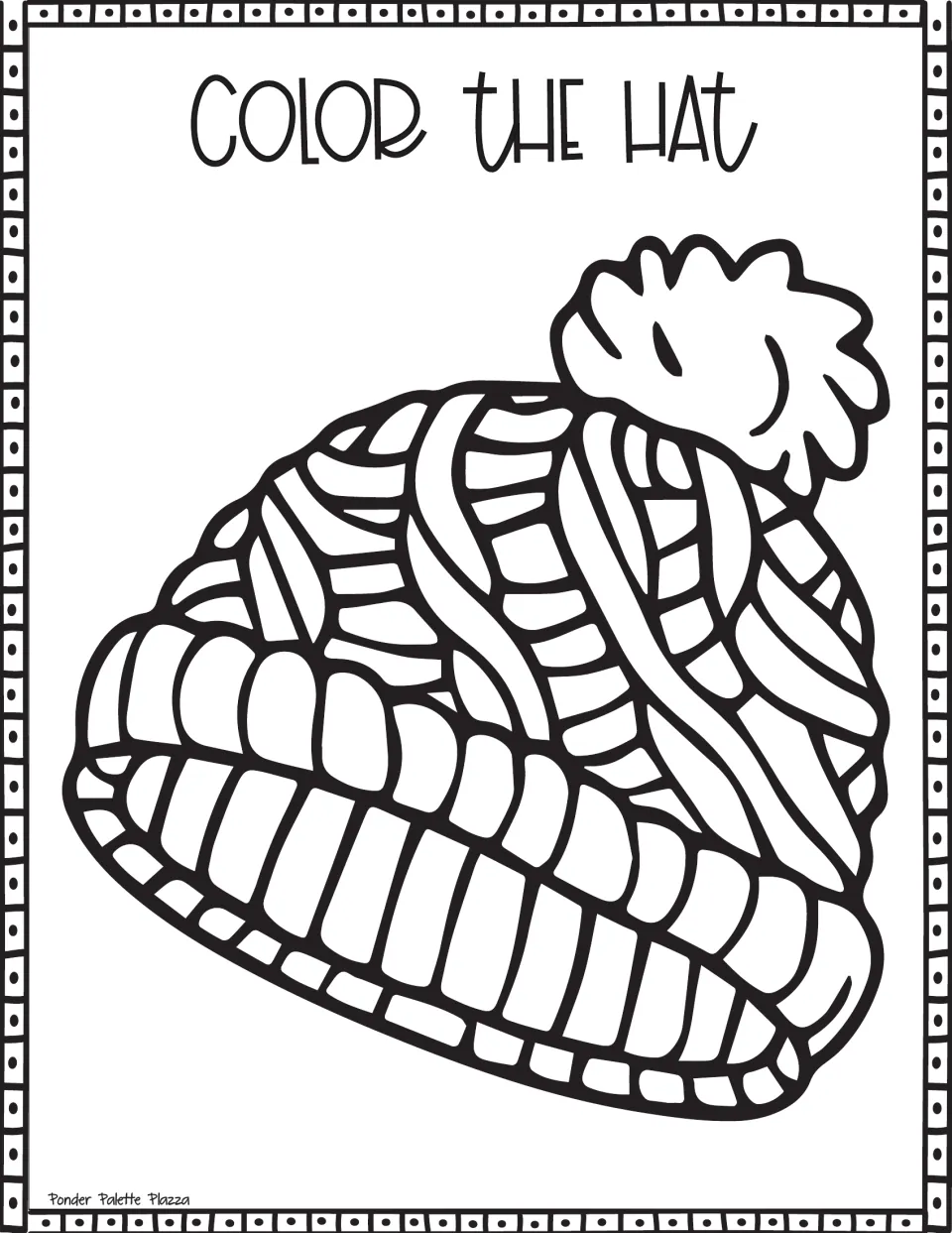 Color the Hat: a tilted chunky cable-knit hat with a shaggy pom-pom and many small sections for detailed coloring