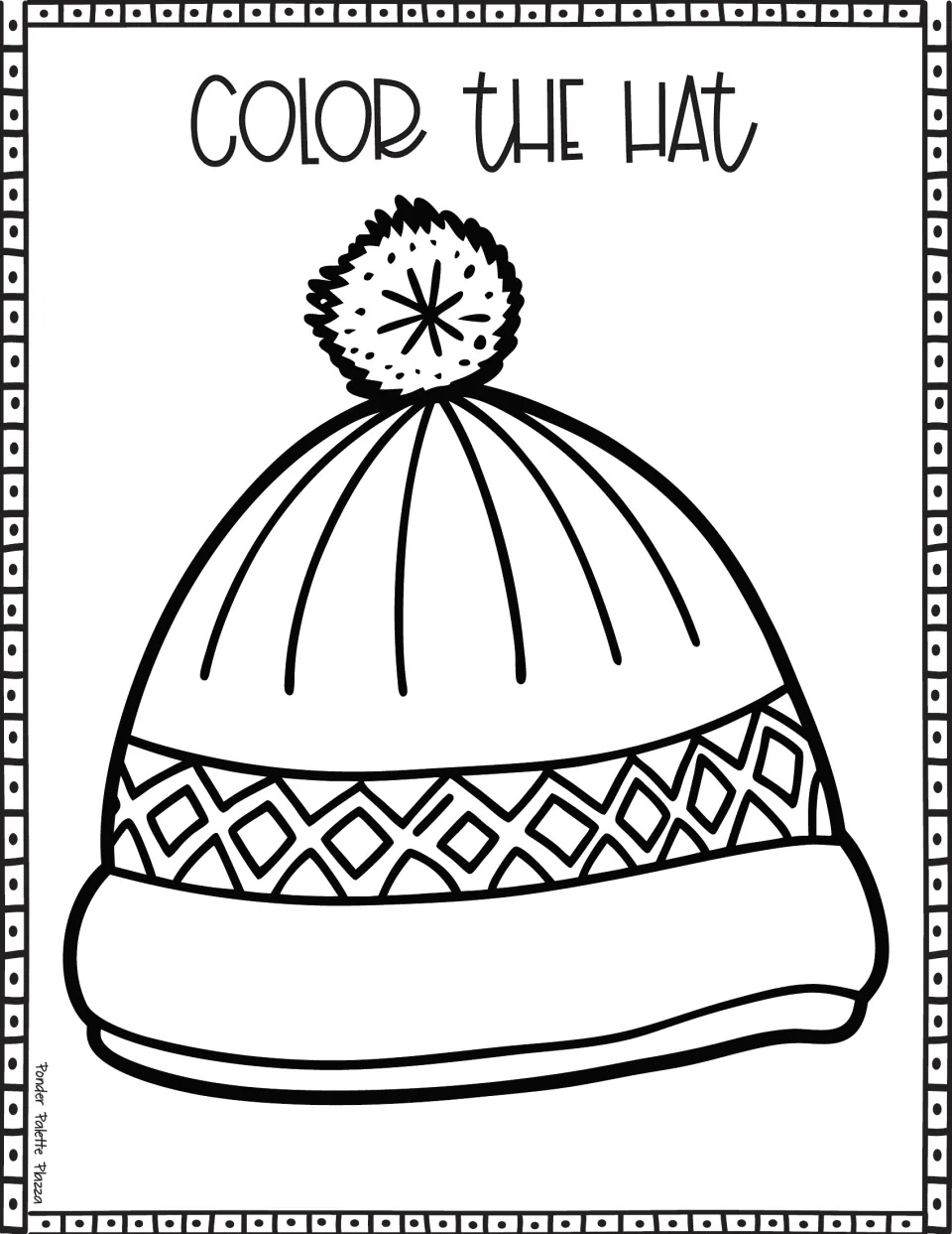 Color the Hat: a stocking cap with a snowflake pom-pom, curved ribs, a diamond-pattern band and a folded brim to color