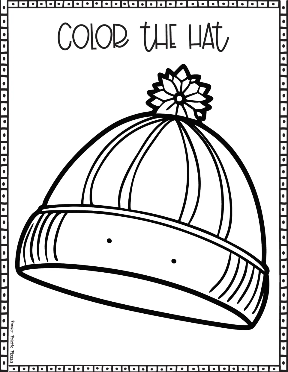 Color the Hat: a slanted cap with a petal-shaped pom-pom, curved panels and a wide ribbed band with two small dots
