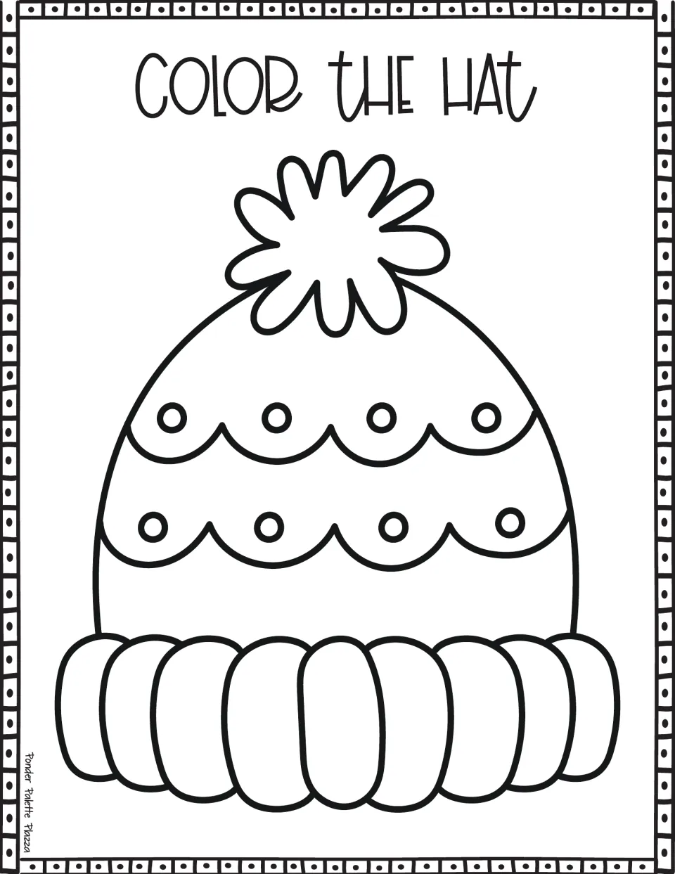 Color the Hat: students color a hat with a wavy pom-pom, two scalloped rows with small circles and a puffy rolled cuff