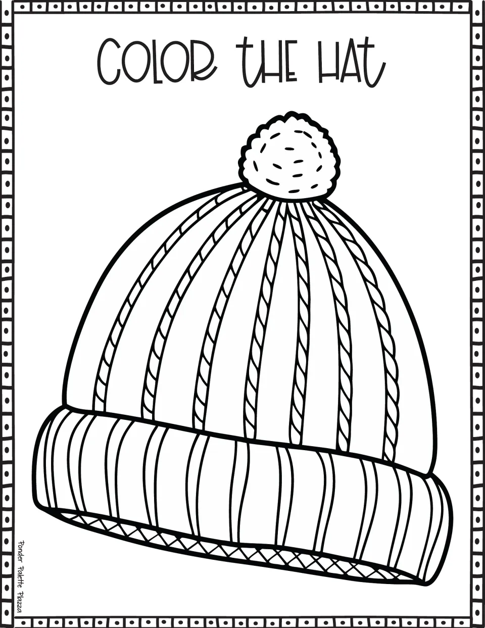 Color the Hat: a beanie with a round pom-pom, twisted rope-like ribs, a striped cuff and a crosshatch edge to color