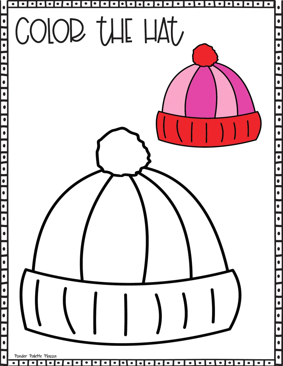 Color the Hat: students color a large pom-pom beanie with vertical panels, using a pink and red sample hat as a model