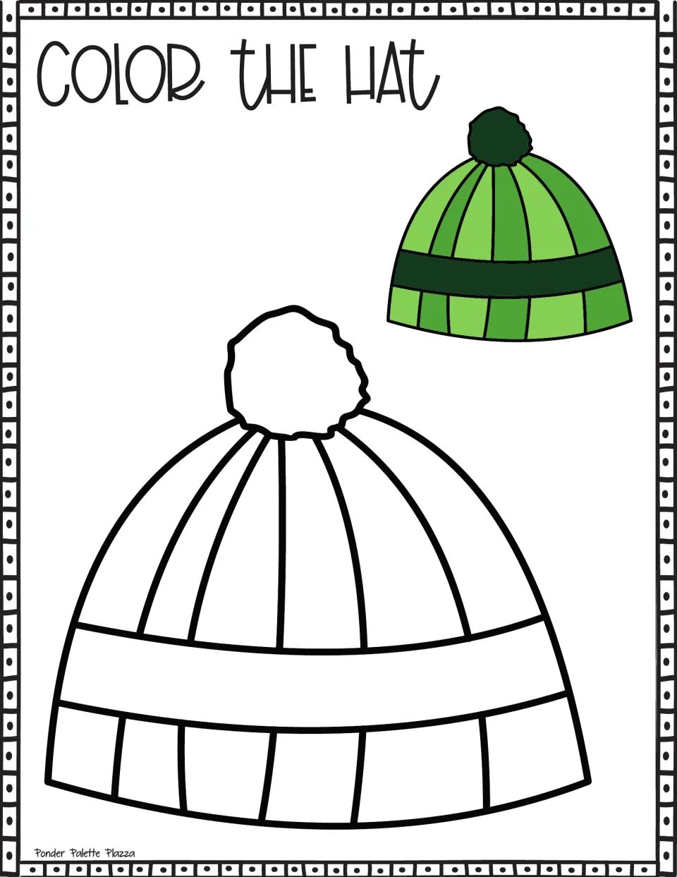 Color the Hat: students color a pom-pom beanie with a wide band and paneled brim, shown beside a sample in greens