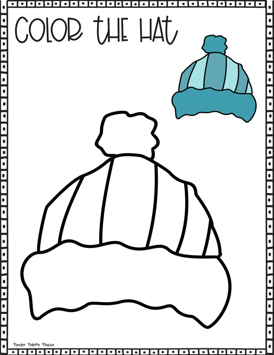 Color the Hat: students color a pom-pom hat with a wavy fluffy brim, modeled by a sample colored in shades of teal