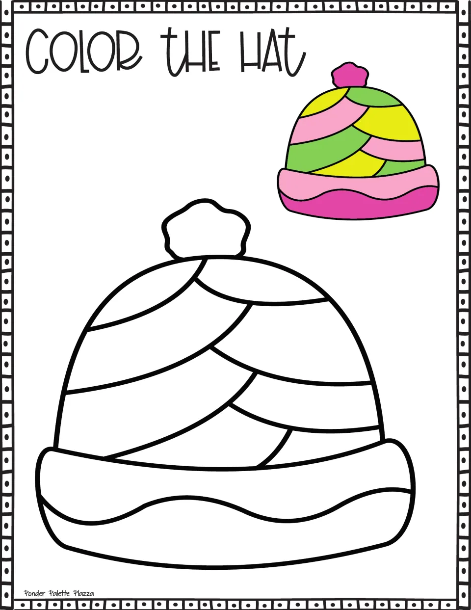 Color the Hat: students color a beanie with swirling diagonal stripes; the sample hat uses pink, green and yellow