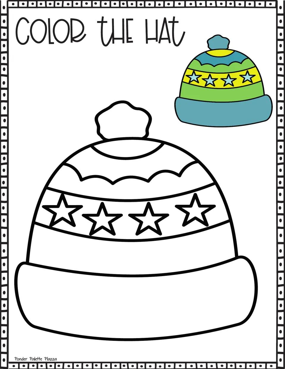 Color the Hat: students color a beanie with a row of four stars and a scalloped band; sample in green, yellow and teal