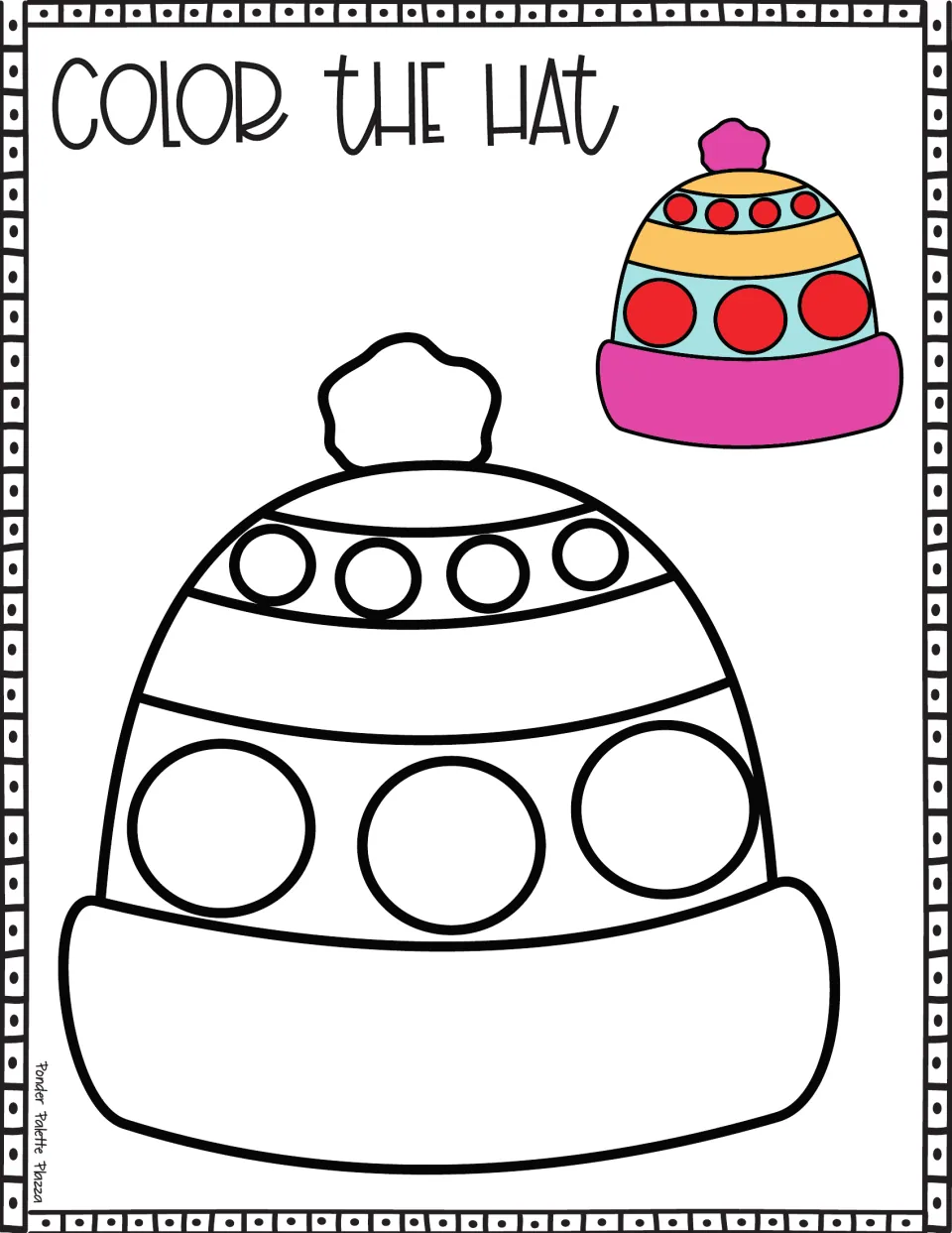 Color the Hat: students color a beanie decorated with rows of small and large circles beside a pink, teal and red sample