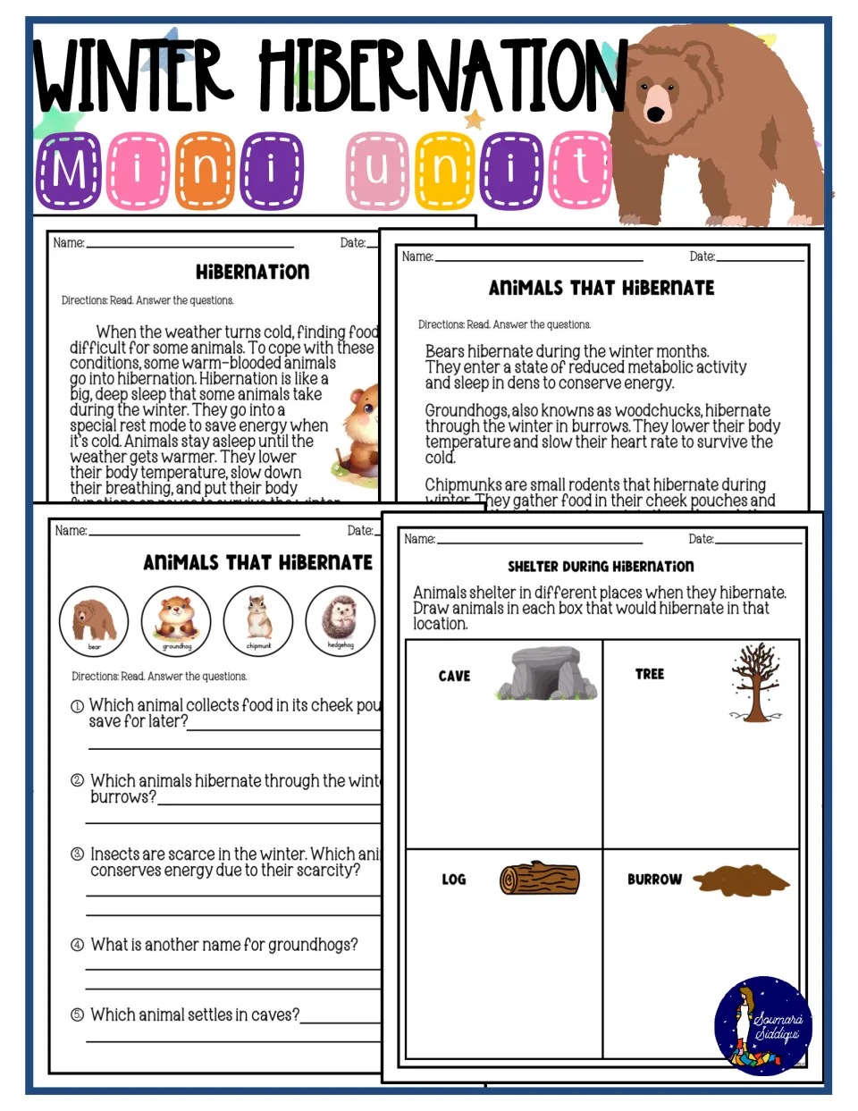 Winter Hibernation Mini Unit cover showing a bear and its reading passages, animal questions and shelter drawing page