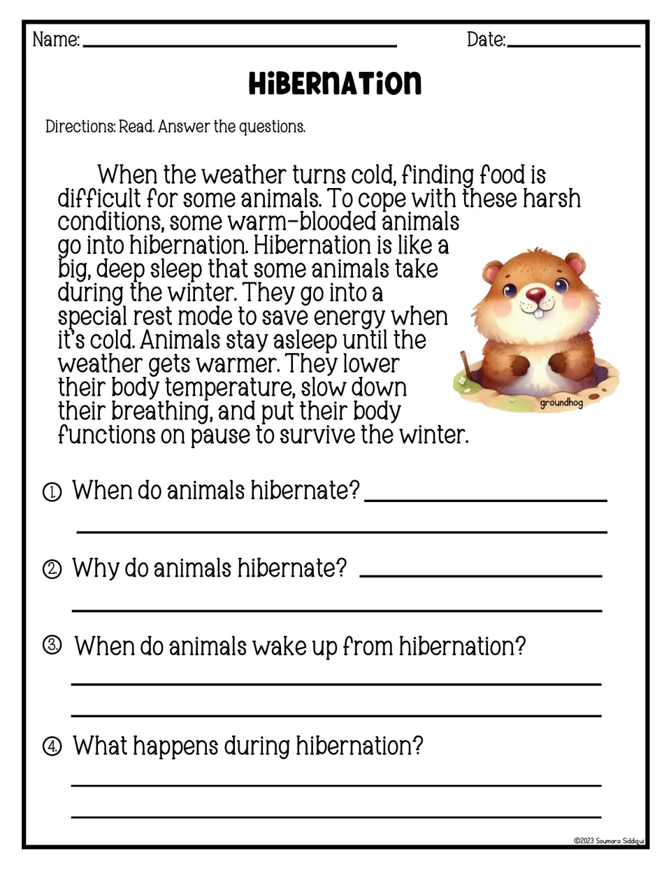 Hibernation reading passage: students read why animals sleep through winter and answer 4 comprehension questions
