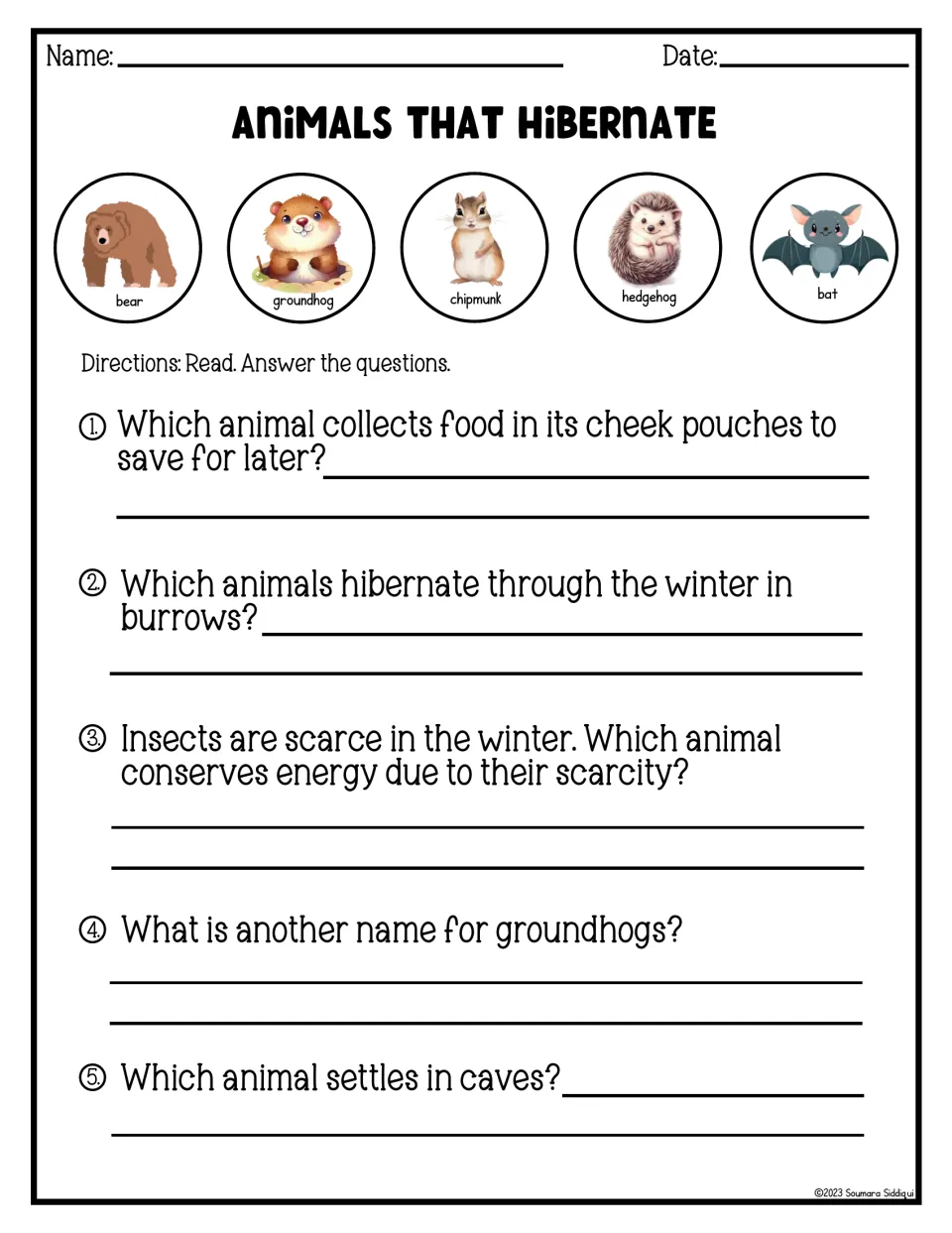Animals that hibernate questions: students recall facts to name which animal uses cheek pouches, burrows or caves
