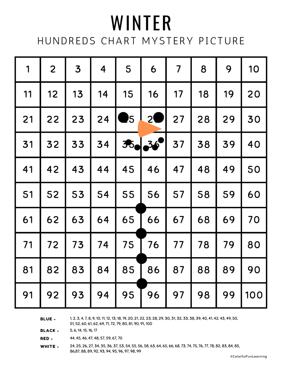 Winter color by number: students find numbers 1 to 100 on the chart and color each blue, black, red or white using the key