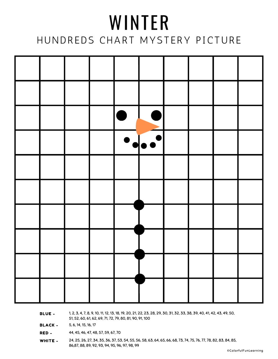 Unnumbered winter mystery picture: students locate each listed number from 1 to 100 by position and color it from the key
