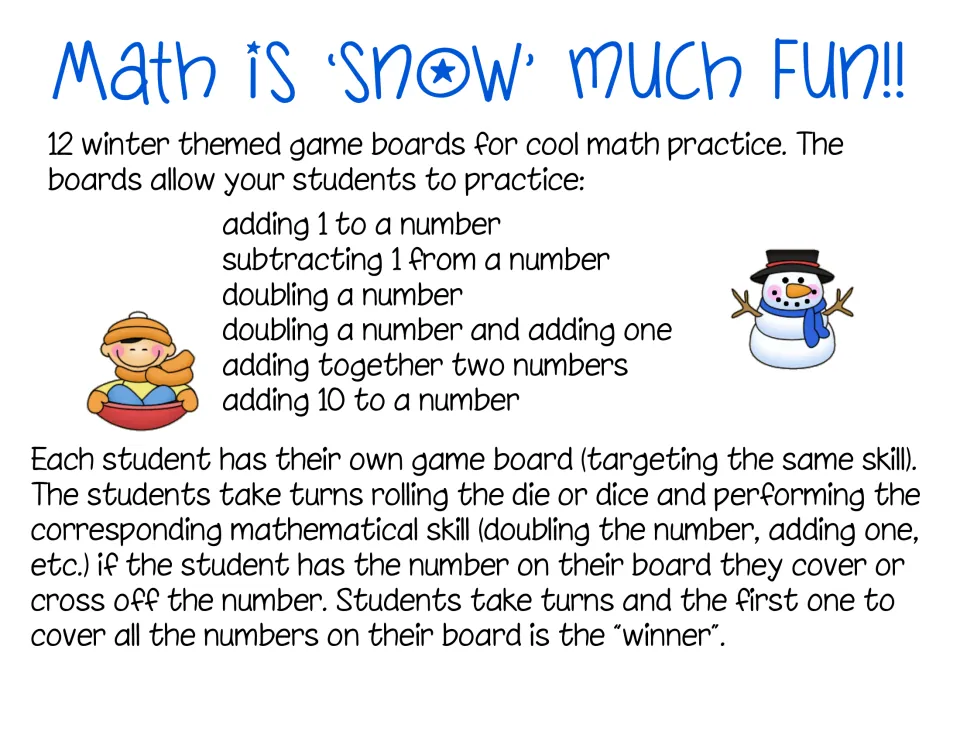 Introduction to 12 winter math game boards listing six skills and directions for rolling dice and covering answers