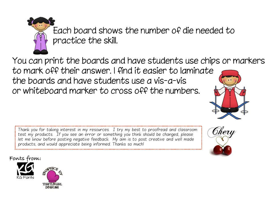 Game preparation instructions explain dice symbols, marking answers with chips, and laminating boards for reuse