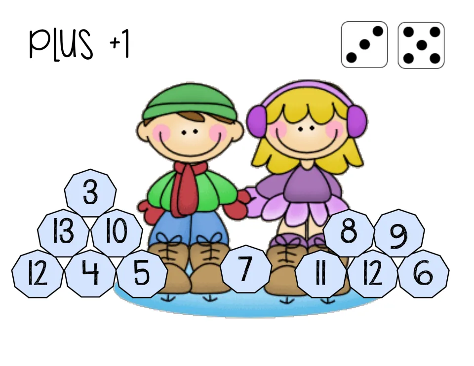 First plus 1 game board uses two dice and includes answers 3, 4, 5, 6, 7, 8, 9, 10, 11, 12, and 13