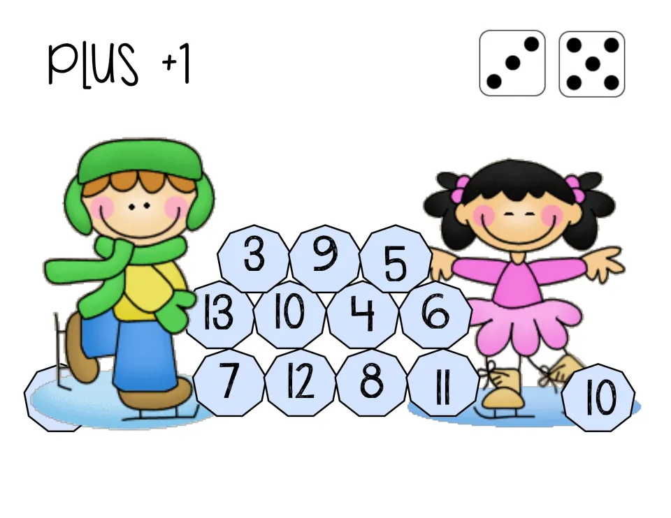 Second plus 1 game board uses two dice and includes answers 3, 9, 5, 13, 10, 4, 6, 7, 12, 8, and 11