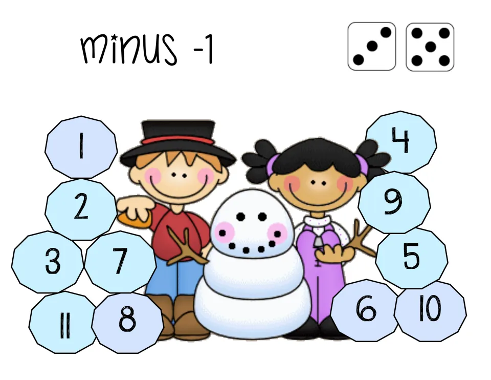 First minus 1 game board uses two dice and includes answers 1, 2, 3, 4, 5, 6, 7, 8, 9, 10, and 11