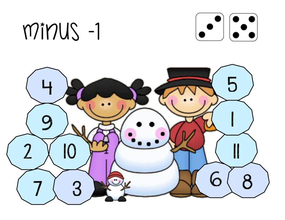 Second minus 1 game board uses two dice and includes answers 4, 9, 2, 10, 7, 3, 5, 1, 11, 6, and 8
