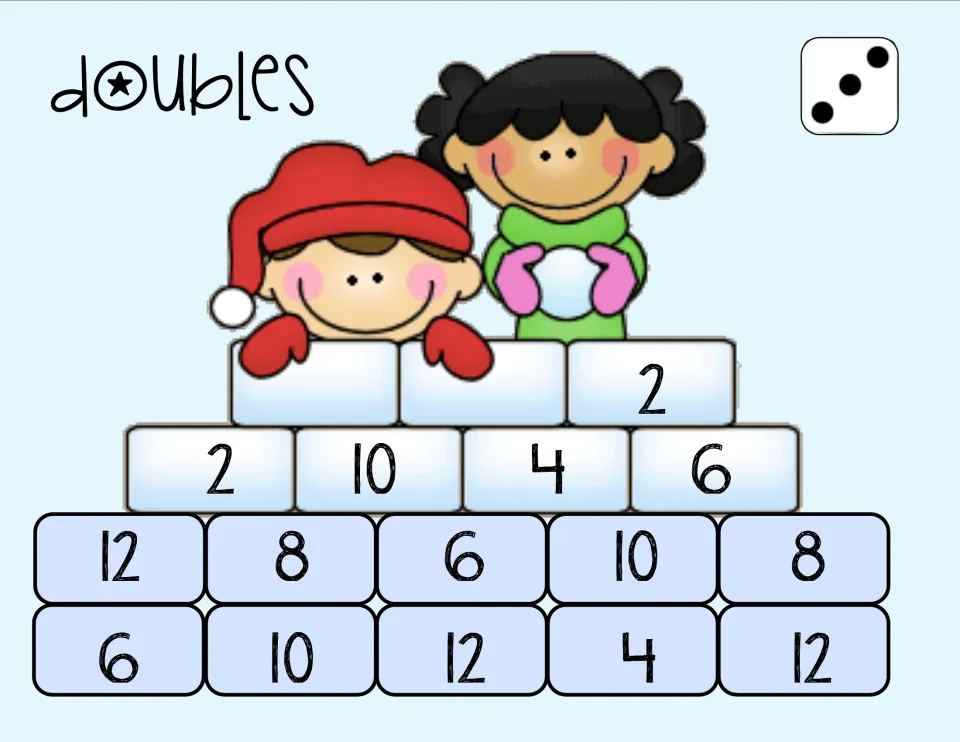 First doubles game board uses one die and has 15 numbered spaces with repeated answers 2, 4, 6, 8, 10, and 12