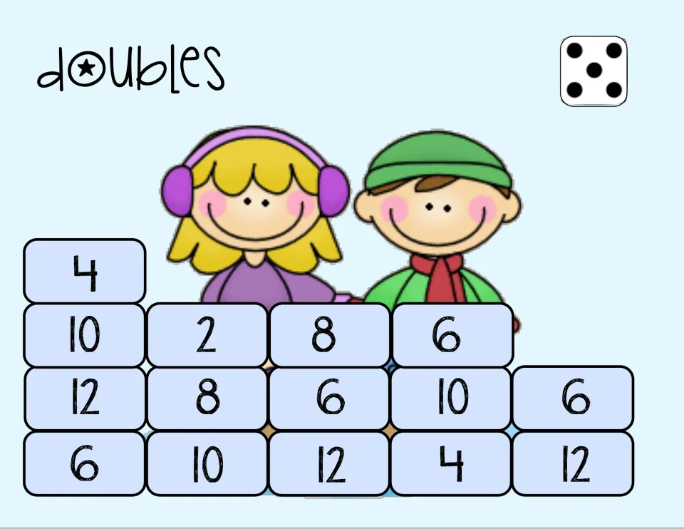 Second doubles game board uses one die and has 15 numbered spaces, beginning with 4, then 10, 2, 8, and 6