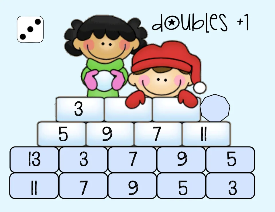 First doubles plus 1 game board uses one die and has 15 numbered spaces with answers 3, 5, 7, 9, 11, and 13