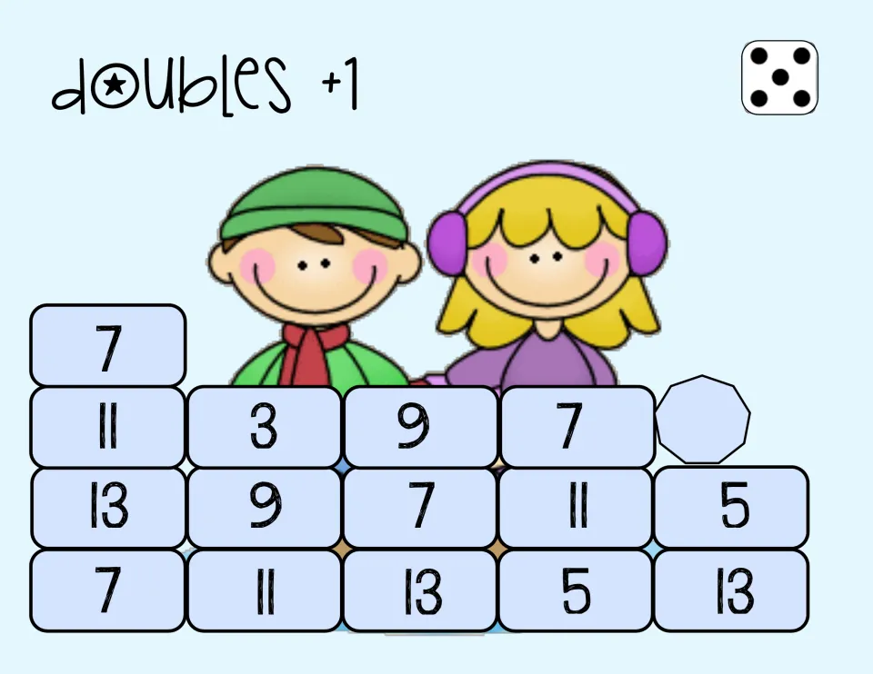 Second doubles plus 1 game board uses one die and has 15 numbered spaces, beginning with 7, then 11, 3, 9, and 7