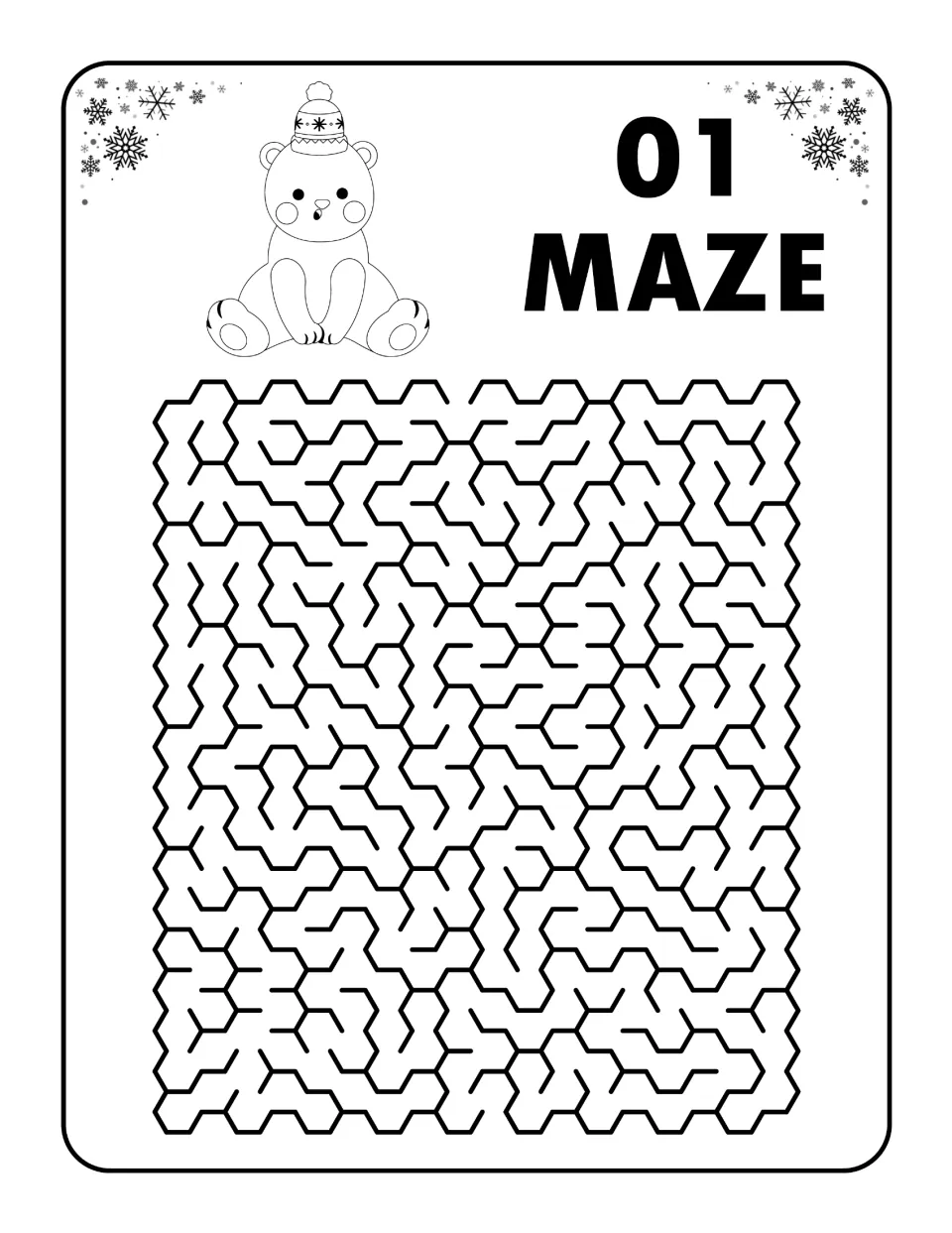Maze 01: students trace a path from the top opening to the bottom exit of a winding hexagon maze beside a bear in a hat
