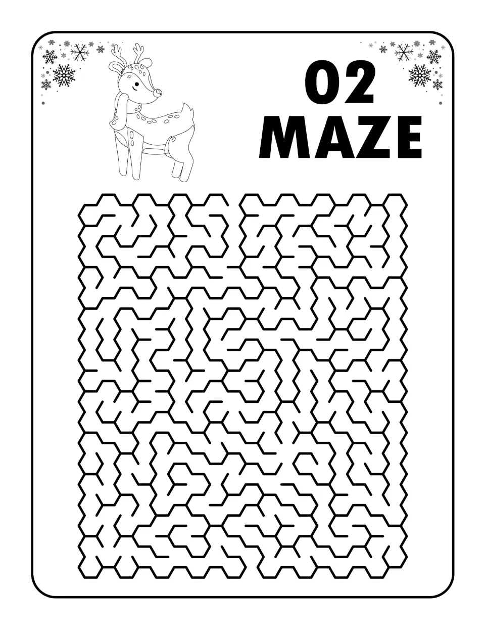 Maze 02: students find the way through a hexagon-path maze from the top entrance to the bottom, with a young deer pictured