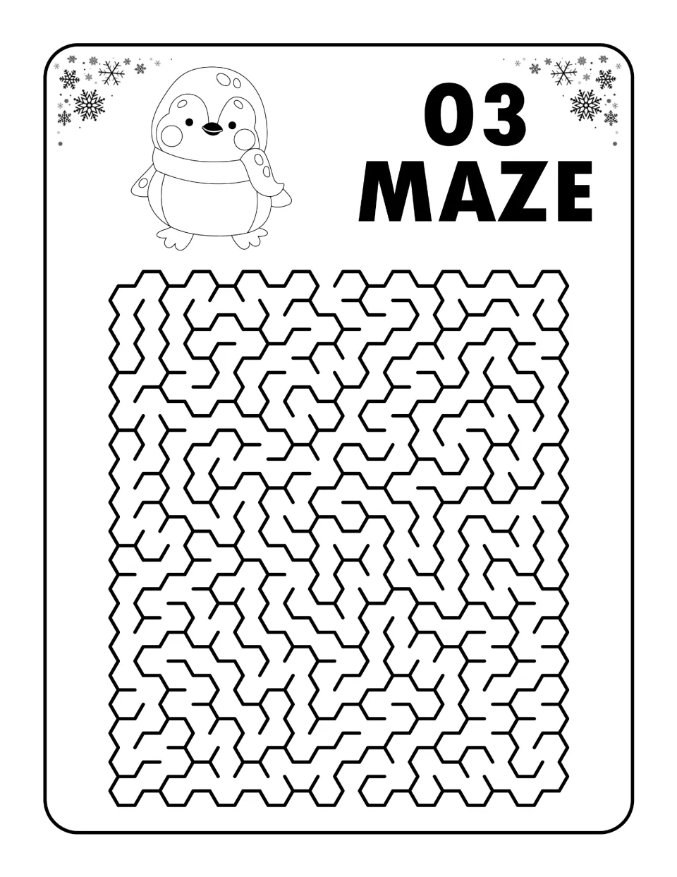 Maze 03: students trace a winding hexagon maze from the top opening to the exit below, with a penguin in a scarf
